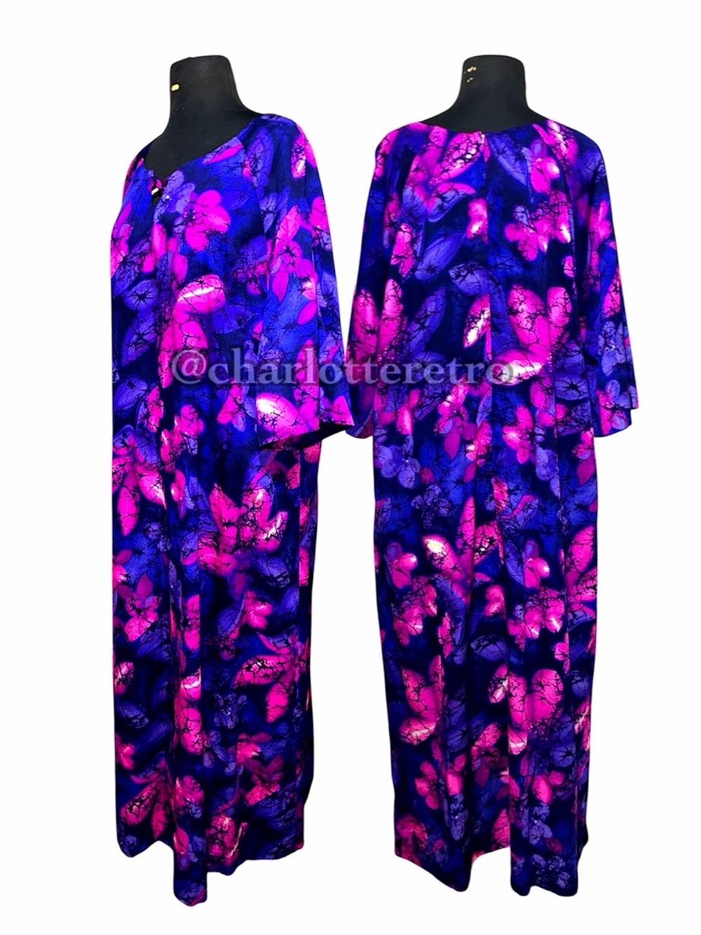 60s vtg Hilo Hattie Floral Maxi w Split Flutter Sleeves - Picture 5 of 11